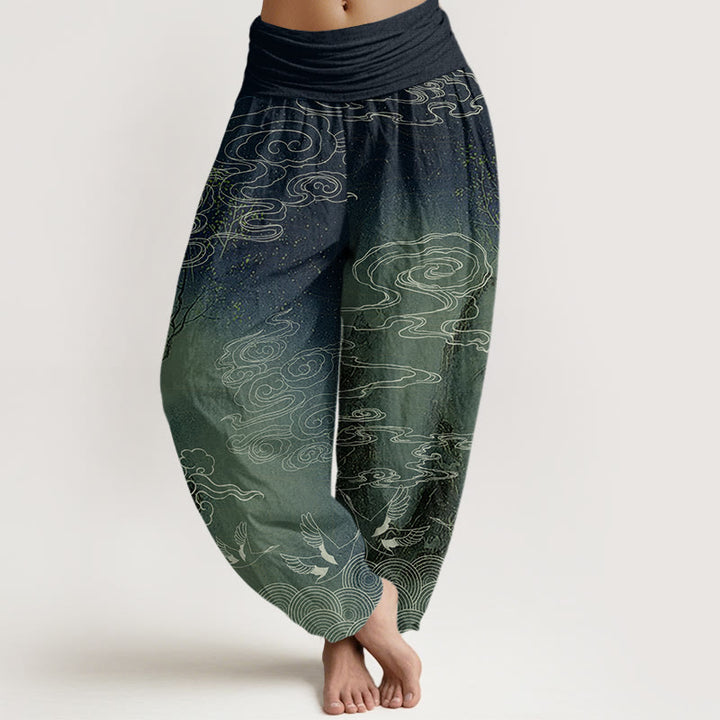 Pantaloni harem elastici in vita da donna con motivo a nuvole di buon auspicio, uccelli e alberi, motivo Buddha Stones - Verde scuro - US22, UK/AU26, EU54 (6XL) - image 5