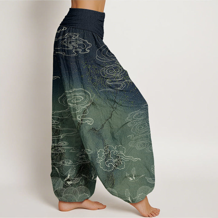 Pantaloni harem elastici in vita da donna con motivo a nuvole di buon auspicio, uccelli e alberi, motivo Buddha Stones - image 6