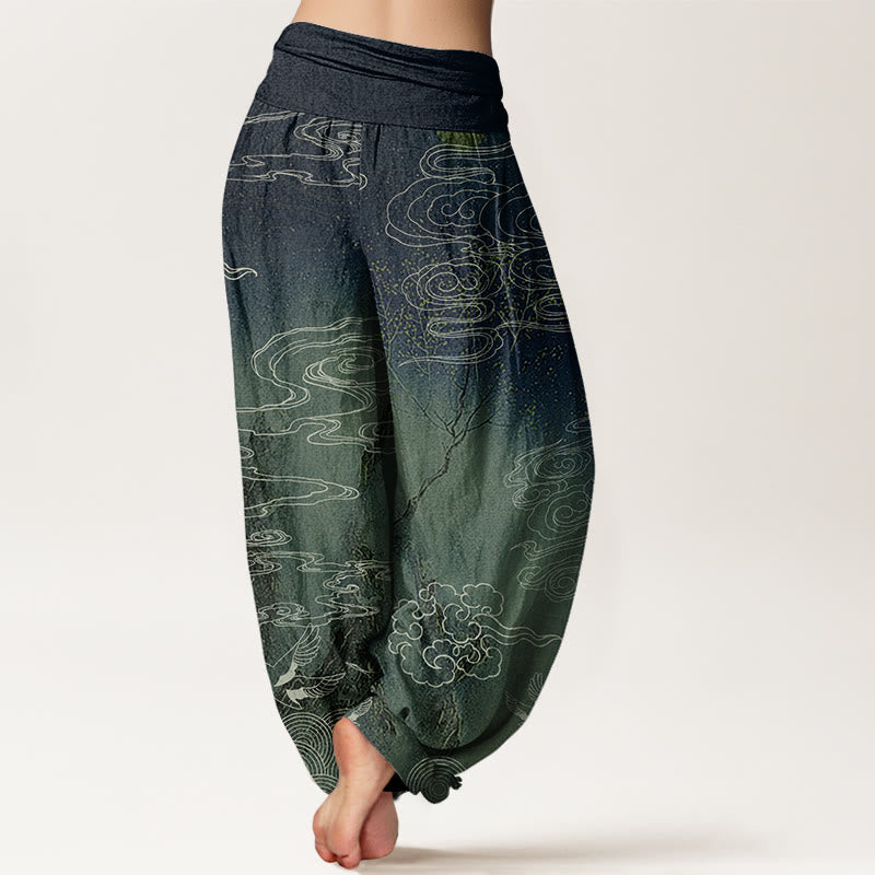 Pantaloni harem elastici in vita da donna con motivo a nuvole di buon auspicio, uccelli e alberi, motivo Buddha Stones - image 7