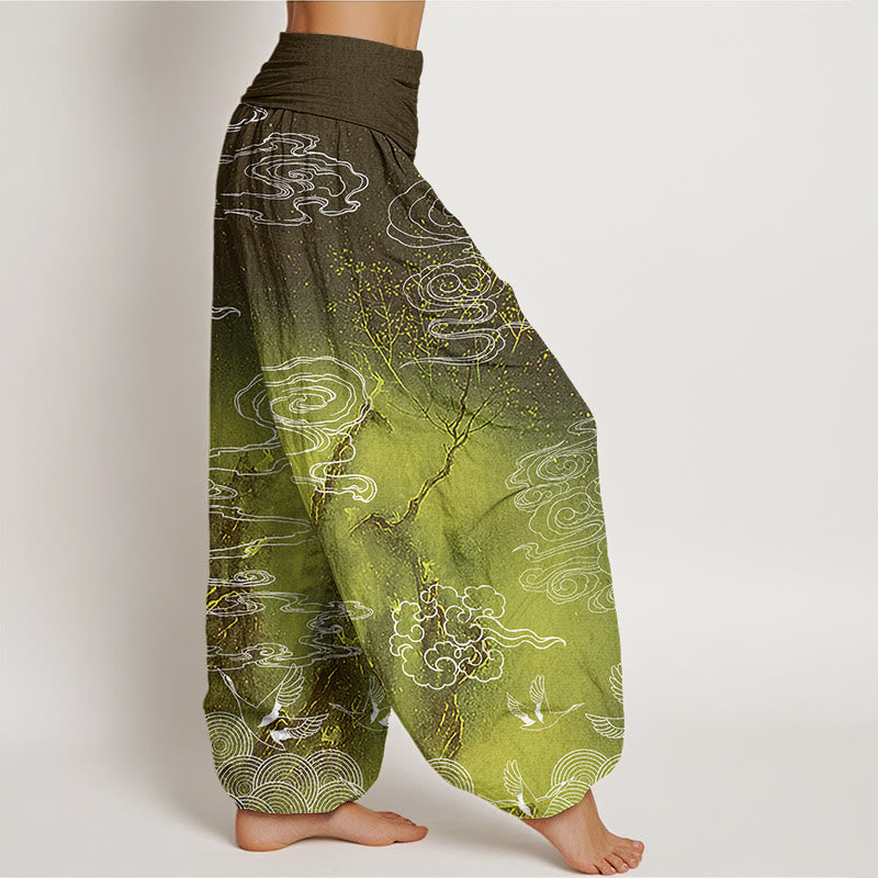 Pantaloni harem elastici in vita da donna con motivo a nuvole di buon auspicio, uccelli e alberi, motivo Buddha Stones - image 9
