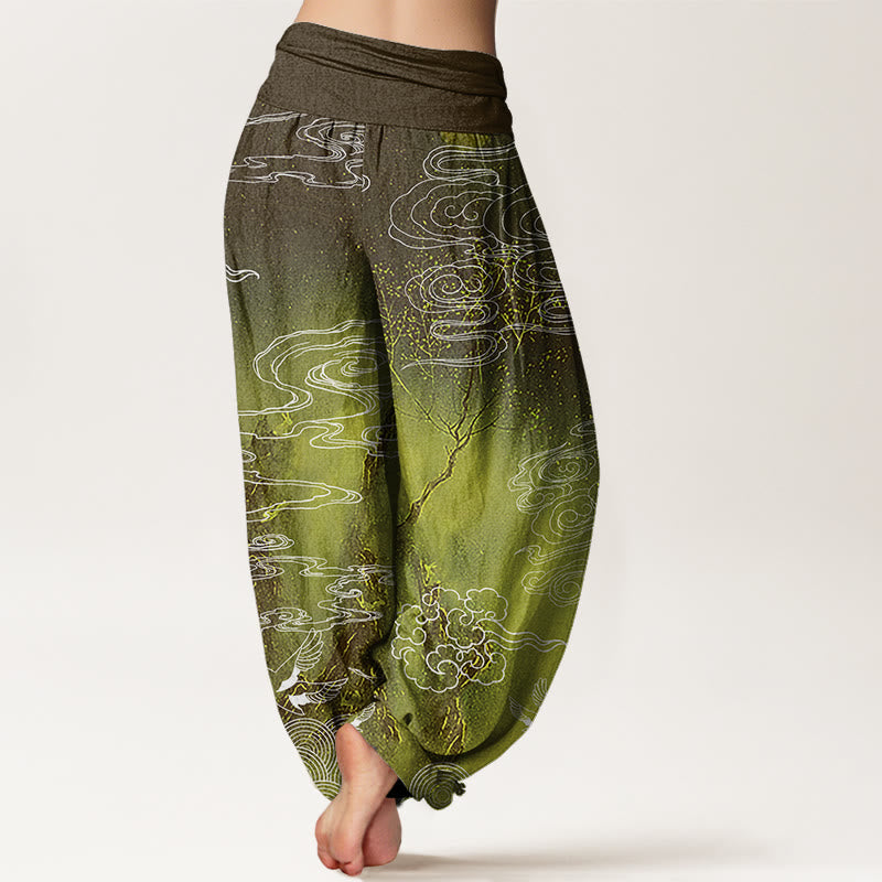 Pantaloni harem elastici in vita da donna con motivo a nuvole di buon auspicio, uccelli e alberi, motivo Buddha Stones - image 10