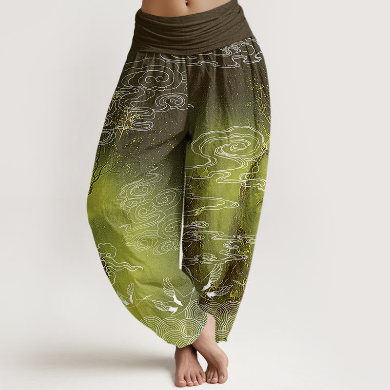 Pantaloni harem elastici in vita da donna con motivo a nuvole di buon auspicio, uccelli e alberi, motivo Buddha Stones - GialloVerde - US22, UK/AU26, EU54 (6XL) - image 8