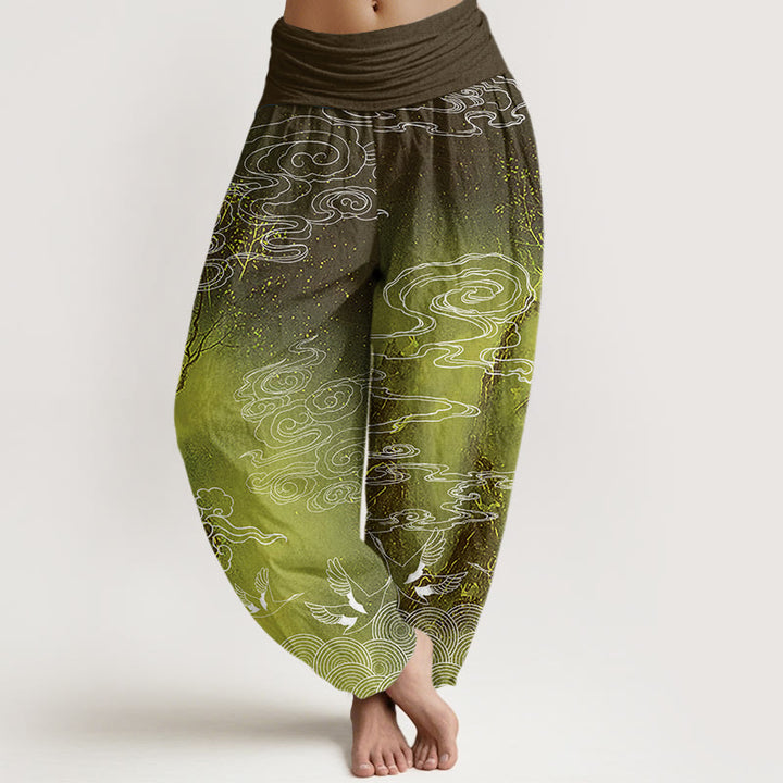 Pantaloni harem elastici in vita da donna con motivo a nuvole di buon auspicio, uccelli e alberi, motivo Buddha Stones - GialloVerde - US22, UK/AU26, EU54 (6XL) - image 8