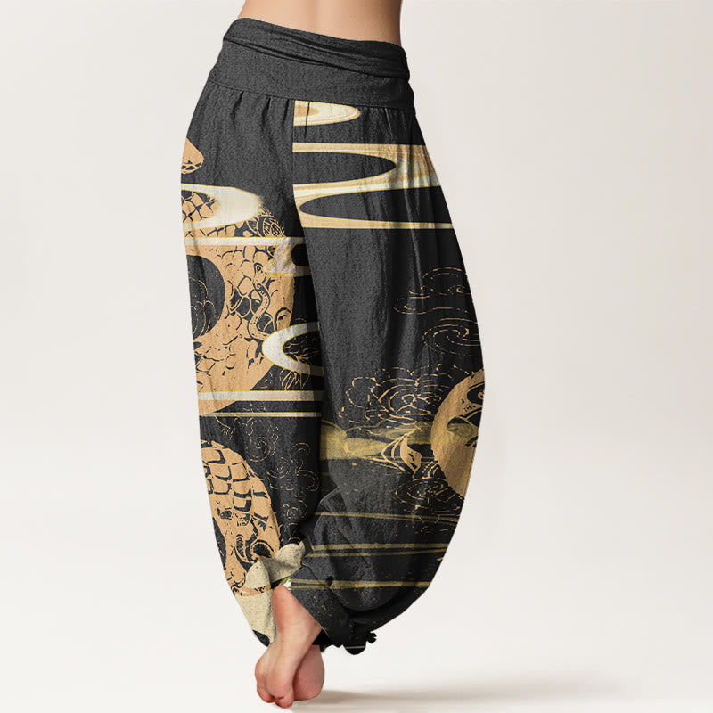Pantaloni harem elastici in vita da donna con motivo a serpente, Buddha Stones, nuvole di buon auspicio - image 2