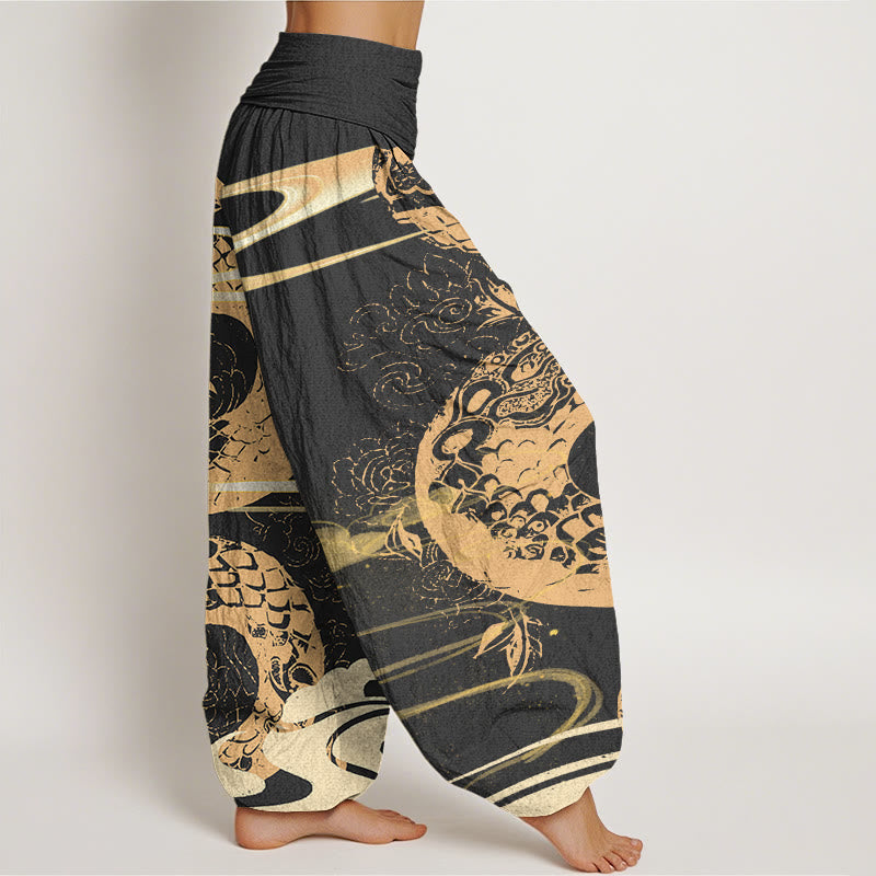 Pantaloni harem elastici in vita da donna con motivo a serpente, Buddha Stones, nuvole di buon auspicio - image 2