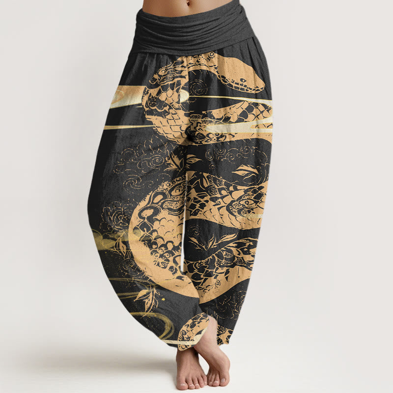 Pantaloni harem elastici in vita da donna con motivo a serpente, Buddha Stones, nuvole di buon auspicio - Nero - US22, UK/AU26, EU54 (6XL) - image 1
