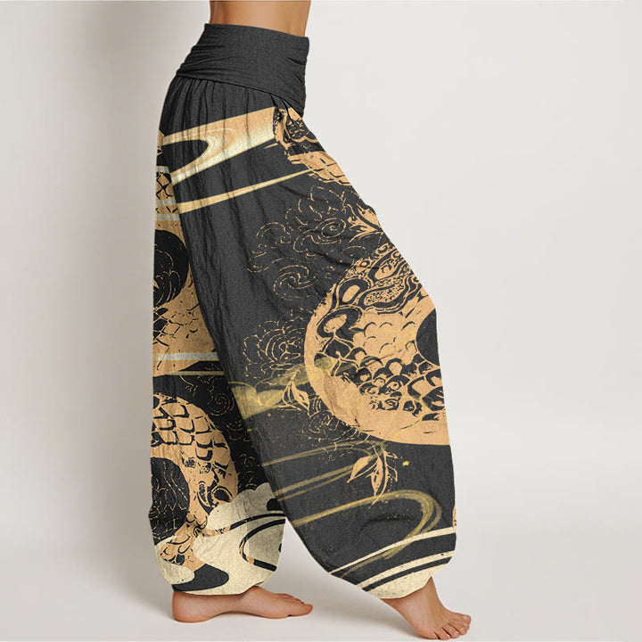 Pantaloni harem elastici in vita da donna con motivo a serpente, Buddha Stones, nuvole di buon auspicio - image 1