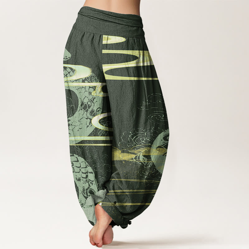 Pantaloni harem elastici in vita da donna con motivo a serpente, Buddha Stones, nuvole di buon auspicio - image 7