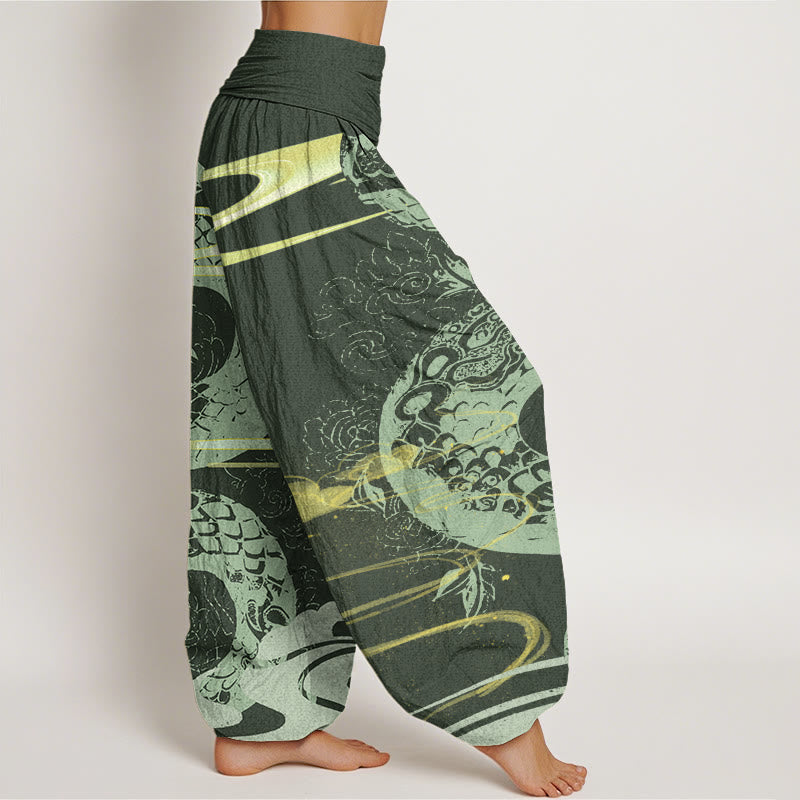 Pantaloni harem elastici in vita da donna con motivo a serpente, Buddha Stones, nuvole di buon auspicio - image 6