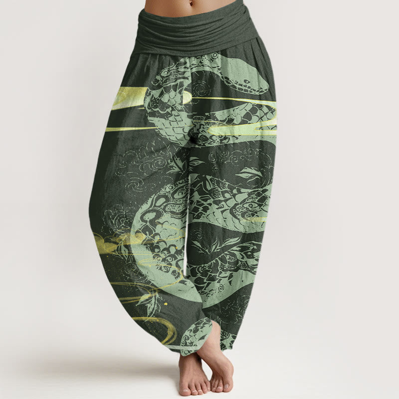 Pantaloni harem elastici in vita da donna con motivo a serpente, Buddha Stones, nuvole di buon auspicio - Verde foresta - US22, UK/AU26, EU54 (6XL) - image 4