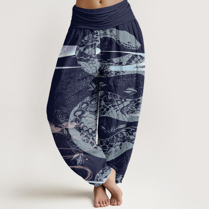 Pantaloni harem elastici in vita da donna con motivo a serpente, Buddha Stones, nuvole di buon auspicio - Blu scuro - US22, UK/AU26, EU54 (6XL) - image 8