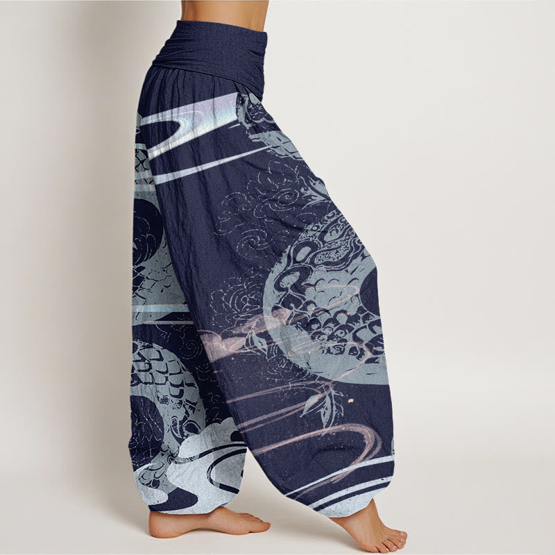 Pantaloni harem elastici in vita da donna con motivo a serpente, Buddha Stones, nuvole di buon auspicio - image 8