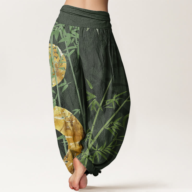 Pantaloni harem elastici in vita da donna con motivo a serpente circondato da bambù Buddha Stones
