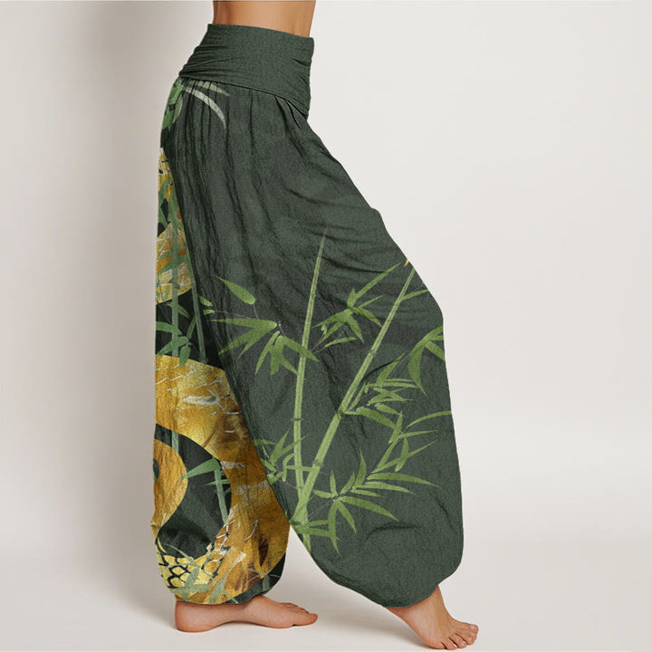 Pantaloni harem elastici in vita da donna con motivo a serpente circondato da bambù Buddha Stones