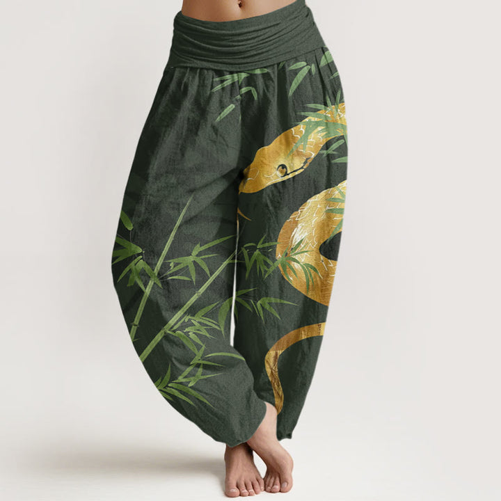 Pantaloni harem elastici in vita da donna con motivo a serpente circondato da bambù Buddha Stones