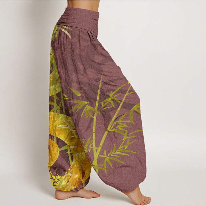 Pantaloni harem elastici in vita da donna con motivo a serpente circondato da bambù Buddha Stones