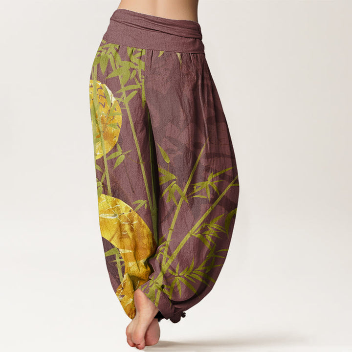 Pantaloni harem elastici in vita da donna con motivo a serpente circondato da bambù Buddha Stones