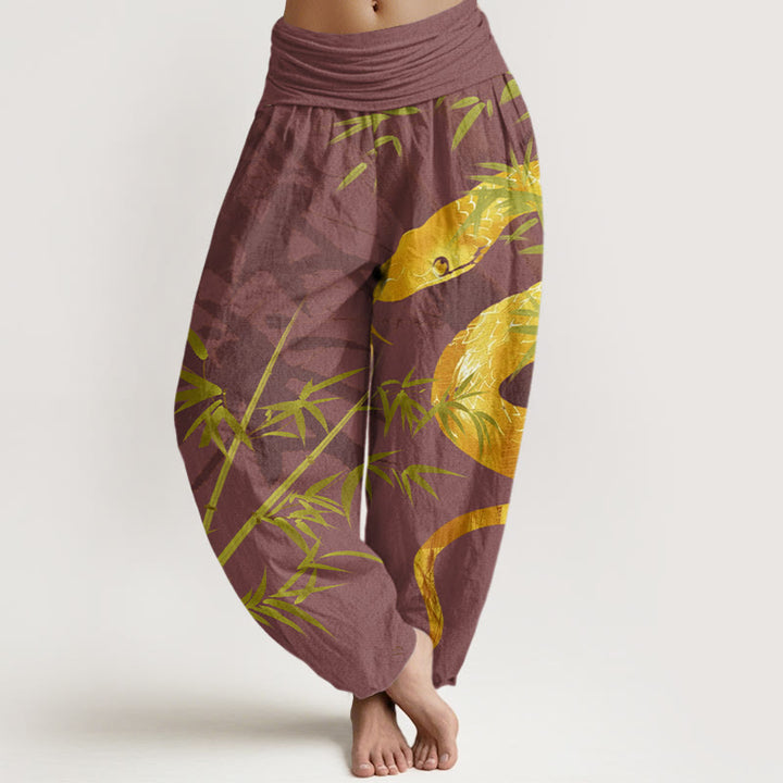 Pantaloni harem elastici in vita da donna con motivo a serpente circondato da bambù Buddha Stones