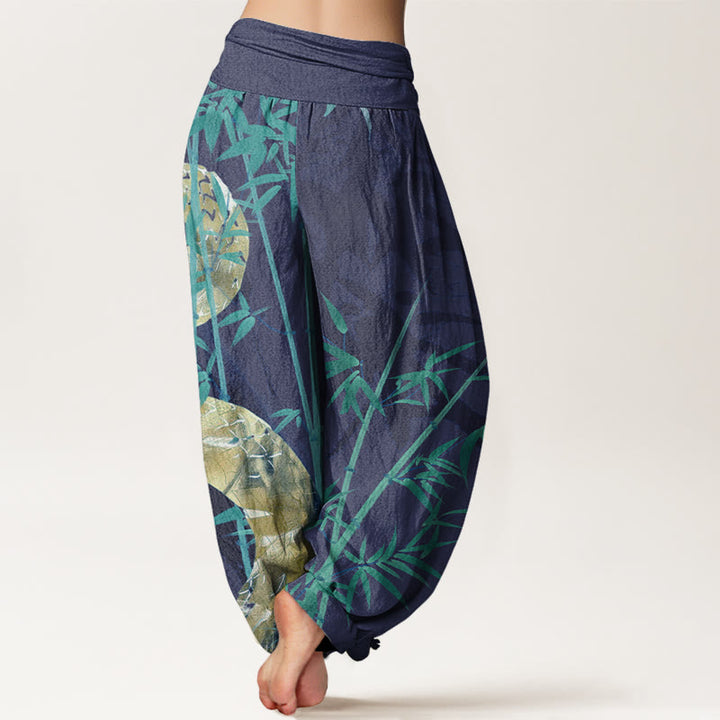 Pantaloni harem elastici in vita da donna con motivo a serpente circondato da bambù Buddha Stones