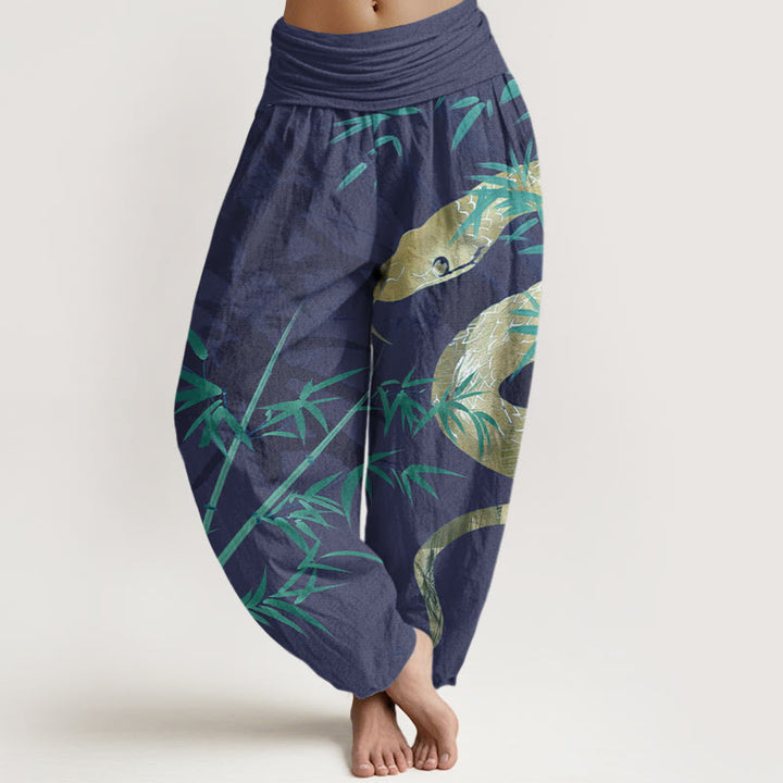 Pantaloni harem elastici in vita da donna con motivo a serpente circondato da bambù Buddha Stones