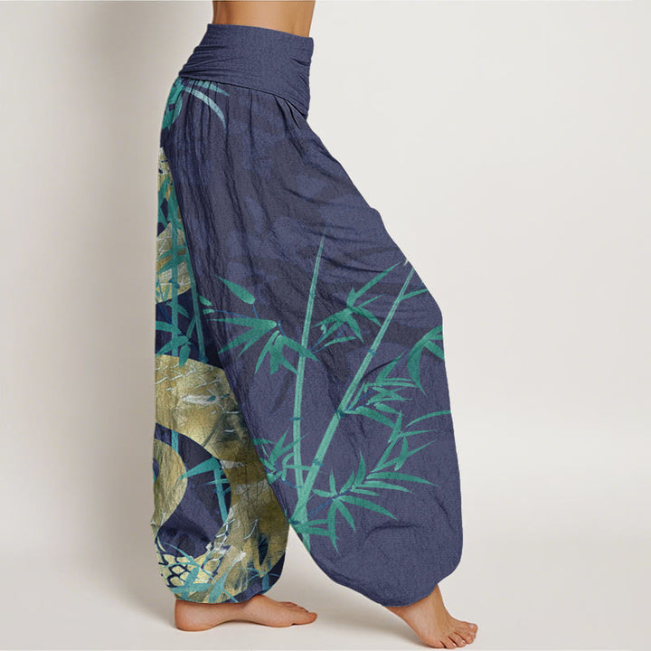 Pantaloni harem elastici in vita da donna con motivo a serpente circondato da bambù Buddha Stones