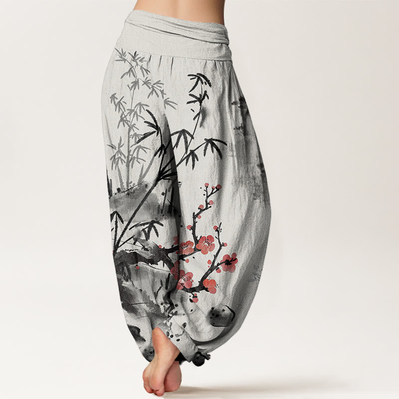 Pantaloni harem elastici in vita da donna con motivo Buddha Stones Plum Blossoms Bamboo Orchids Chrysanthemums - image 3