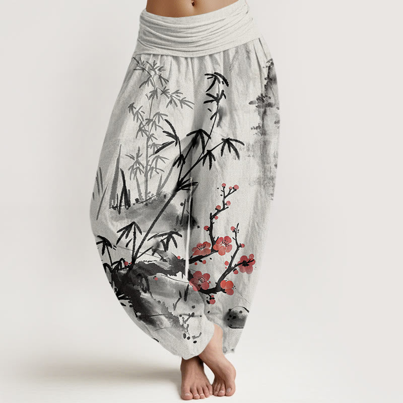 Pantaloni harem elastici in vita da donna con motivo Buddha Stones Plum Blossoms Bamboo Orchids Chrysanthemums - Grigio chiaro - US22, UK/AU26, EU54 (6XL) - image 1
