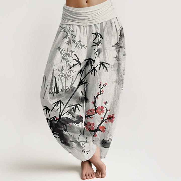 Pantaloni harem elastici in vita da donna con motivo Buddha Stones Plum Blossoms Bamboo Orchids Chrysanthemums - Grigio chiaro - US22, UK/AU26, EU54 (6XL) - image 1