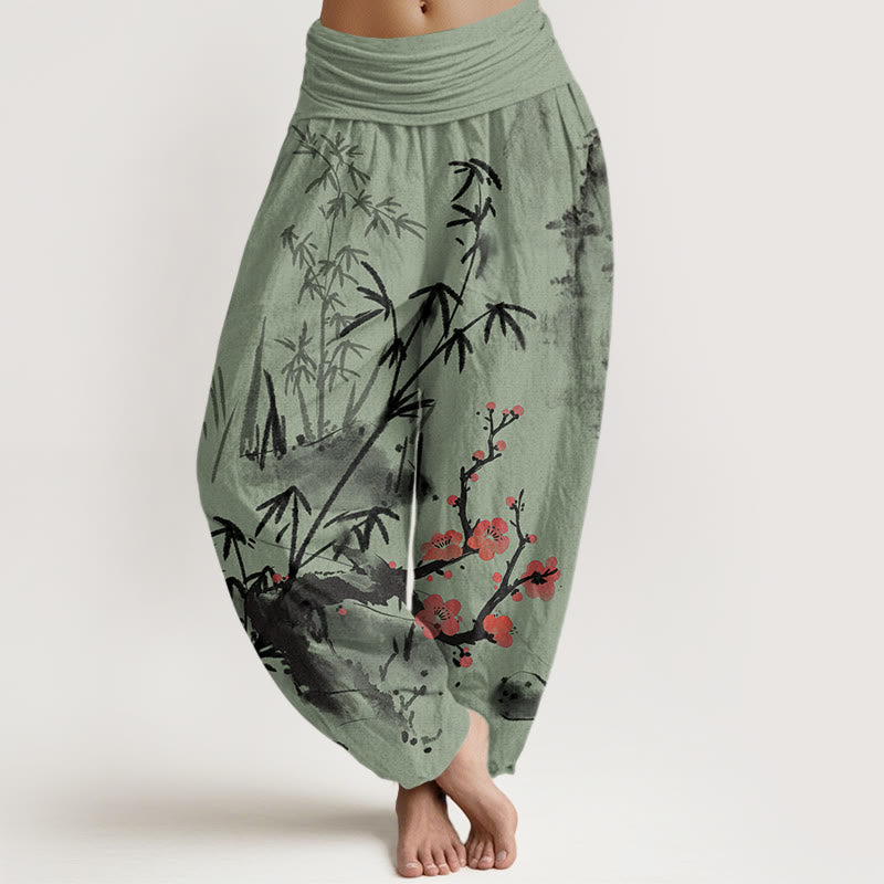 Pantaloni harem da donna con elastico in vita, motivo Buddha Stones Cotton Plum Blossoms Bamboo Orchids Chrysanthemums - Verde chiaro - US22, UK/AU26, EU54 (6XL) - image 4