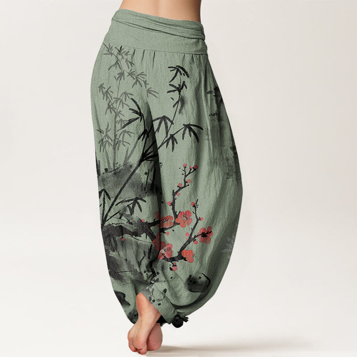 Pantaloni harem elastici in vita da donna con motivo Buddha Stones Plum Blossoms Bamboo Orchids Chrysanthemums - image 7