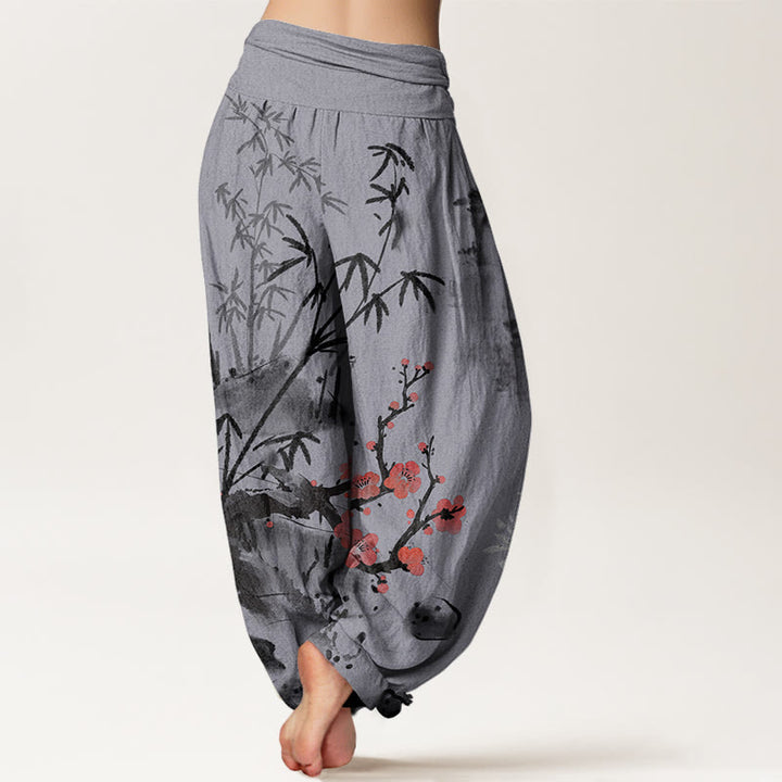 Pantaloni harem elastici in vita da donna con motivo Buddha Stones Plum Blossoms Bamboo Orchids Chrysanthemums - image 10