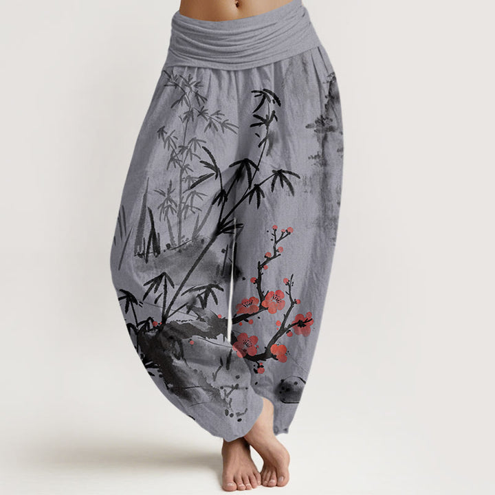 Pantaloni harem elastici in vita da donna con motivo Buddha Stones Plum Blossoms Bamboo Orchids Chrysanthemums - Viola medio - US22, UK/AU26, EU54 (6XL) - image 8