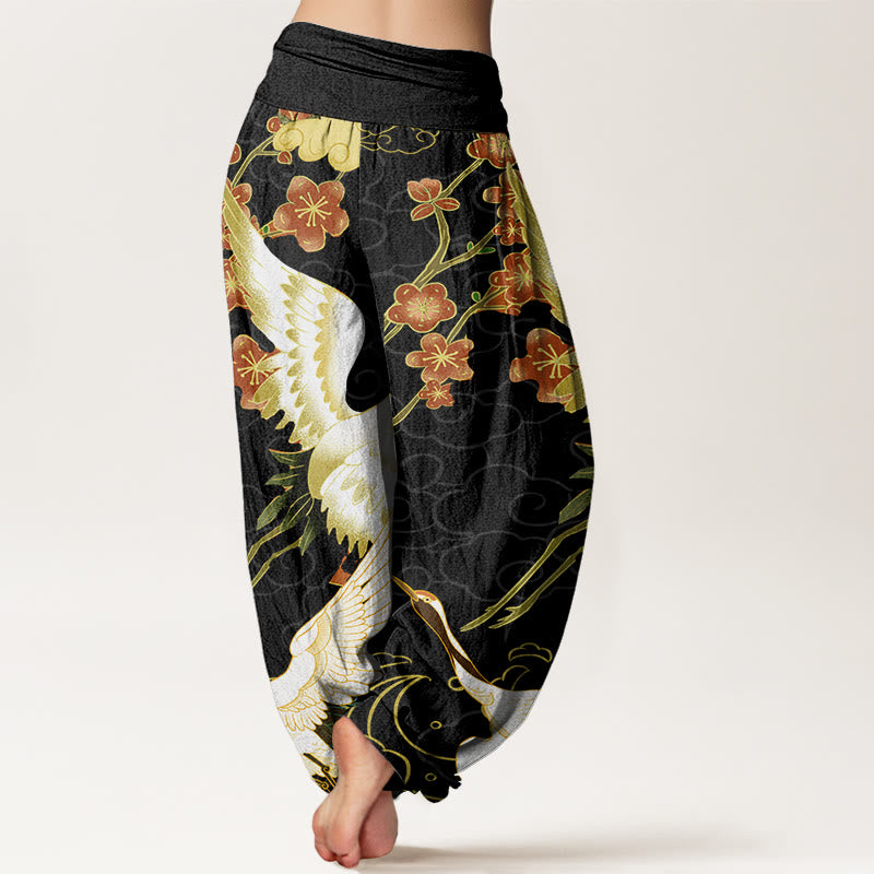 Pantaloni harem da donna con elastico in vita, motivo Buddha Stones Cotton Cranes Flowers e nuvole di buon auspicio - image 2