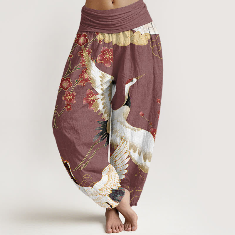 Pantaloni harem elastici in vita da donna con motivo Buddha Stones Cranes Flowers Auspicious Clouds - Corallo chiaro - US22, UK/AU26, EU54 (6XL) - image 5