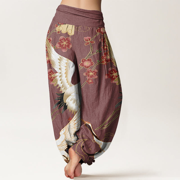 Pantaloni harem da donna con elastico in vita, motivo Buddha Stones Cotton Cranes Flowers e nuvole di buon auspicio - image 9
