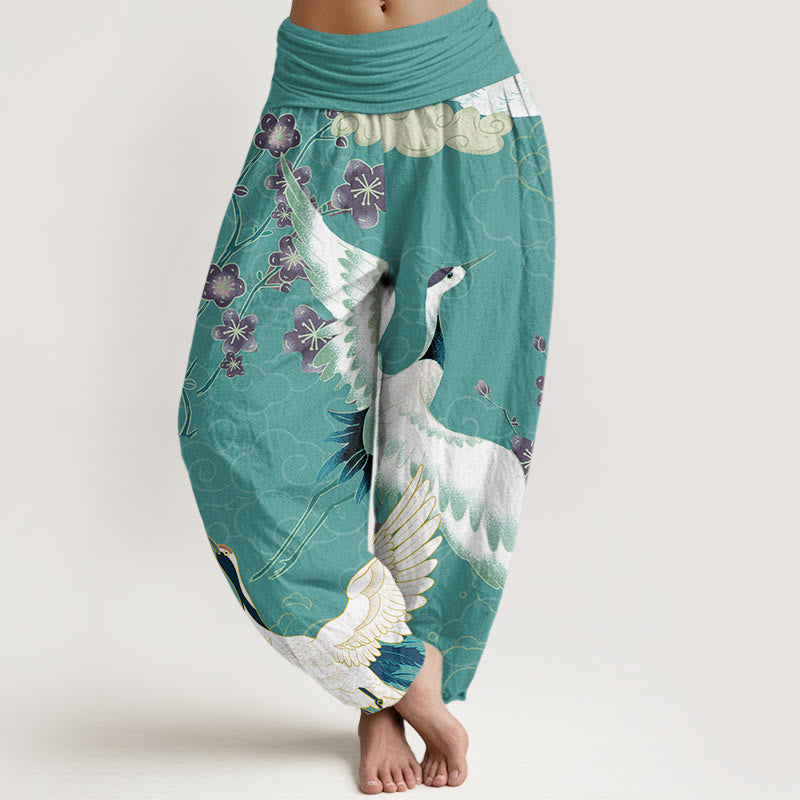 Pantaloni harem elastici in vita da donna con motivo Buddha Stones Cranes Flowers Auspicious Clouds - Turchese - US22, UK/AU26, EU54 (6XL) - image 8