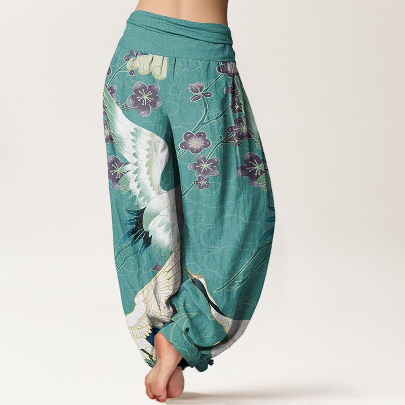 Pantaloni harem da donna con elastico in vita, motivo Buddha Stones Cotton Cranes Flowers e nuvole di buon auspicio - image 6