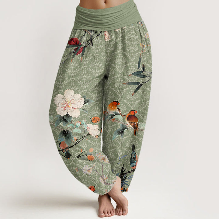 Pantaloni harem con elastico in vita da donna, motivo mandala, con Buddha Stones , uccello parula, fiori che sbocciano, rami - Verde chiaro - US22, UK/AU26, EU54 (6XL) - image 1