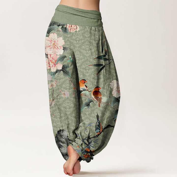 Pantaloni harem da donna con elastico in vita, motivo mandala, in cotone con uccellino silviano, rami di fiori in fiore e pietre Buddha Stones - image 2