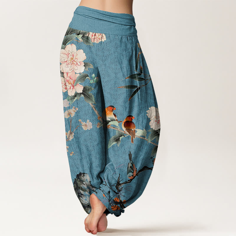 Pantaloni harem da donna con elastico in vita, motivo mandala, in cotone con uccellino silviano, rami di fiori in fiore e pietre Buddha Stones - image 6
