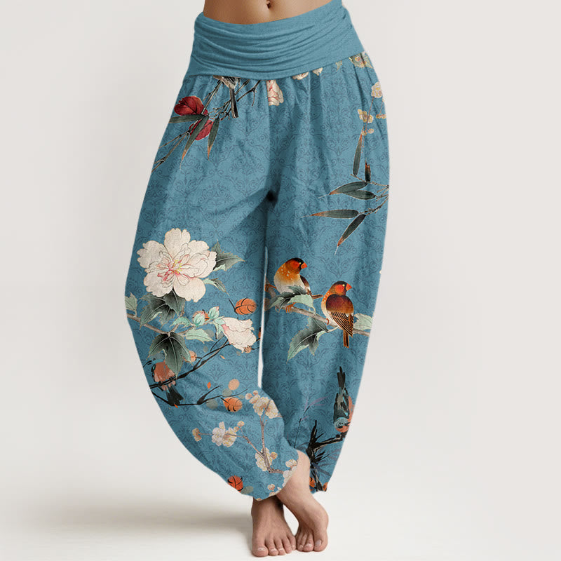 Pantaloni harem con elastico in vita da donna, motivo mandala, con Buddha Stones , uccello parula, fiori che sbocciano, rami - Turchese scuro - US22, UK/AU26, EU54 (6XL) - image 5
