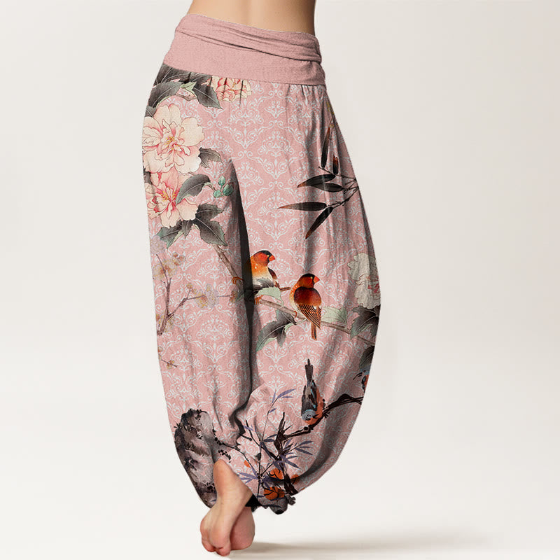 Pantaloni harem da donna con elastico in vita, motivo mandala, in cotone con uccellino silviano, rami di fiori in fiore e pietre Buddha Stones - image 9