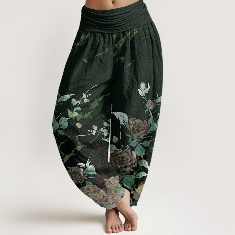 Pantaloni harem da donna con elastico in vita e motivo Buddha Stones in cotone con rose in fiore - Verde scuro - US22, UK/AU26, EU54 (6XL) - image 7