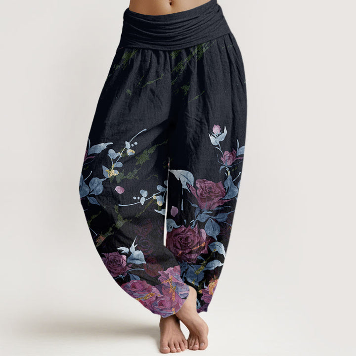 Pantaloni harem da donna con elastico in vita e motivo Buddha Stones in cotone con rose in fiore - Grigio ardesia scuro - US22, UK/AU26, EU54 (6XL) - image 4