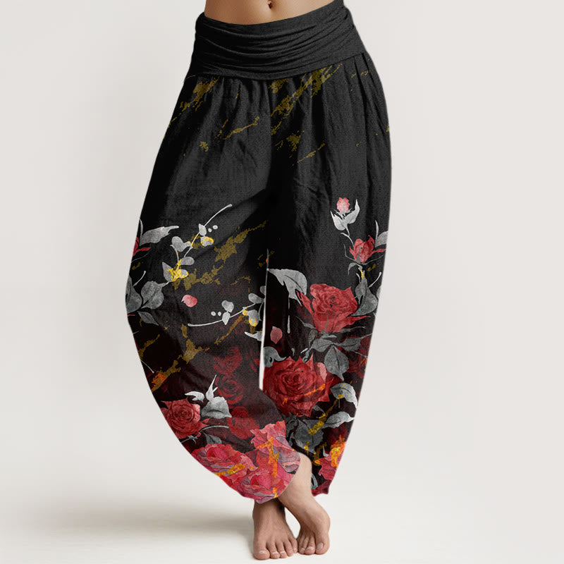 Pantaloni harem elastici in vita da donna con motivo Buddha Stones Blooming Roses - Nero - US22, UK/AU26, EU54 (6XL) - image 1