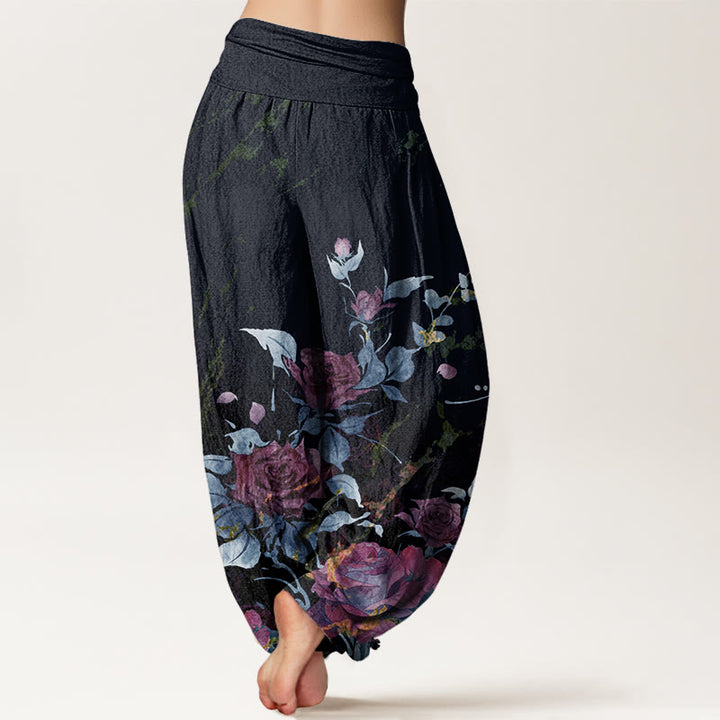 Pantaloni harem elastici in vita da donna con motivo Buddha Stones Blooming Roses - image 7