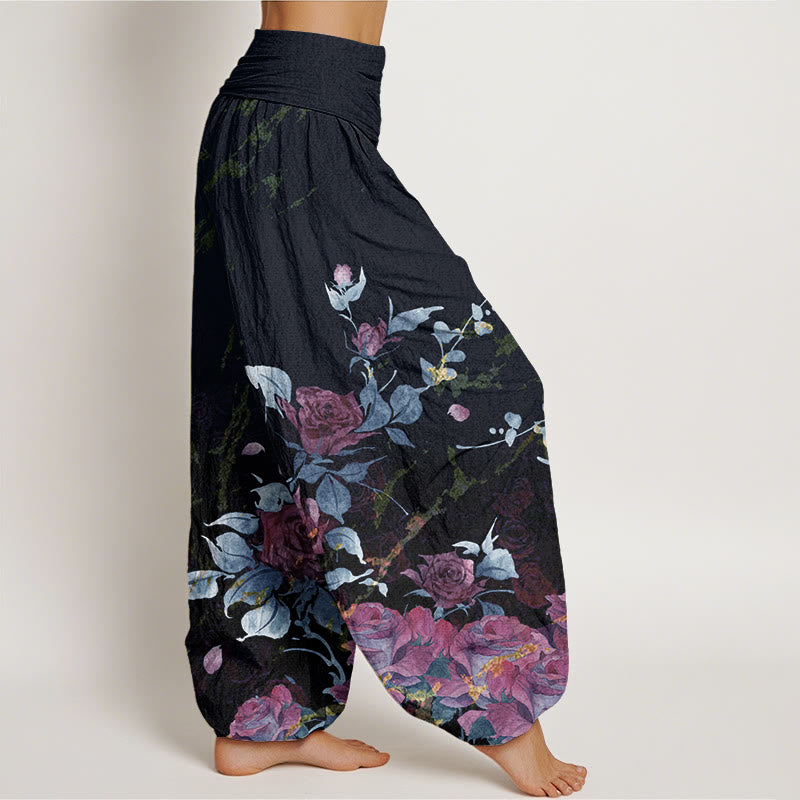 Pantaloni harem elastici in vita da donna con motivo Buddha Stones Blooming Roses - image 5