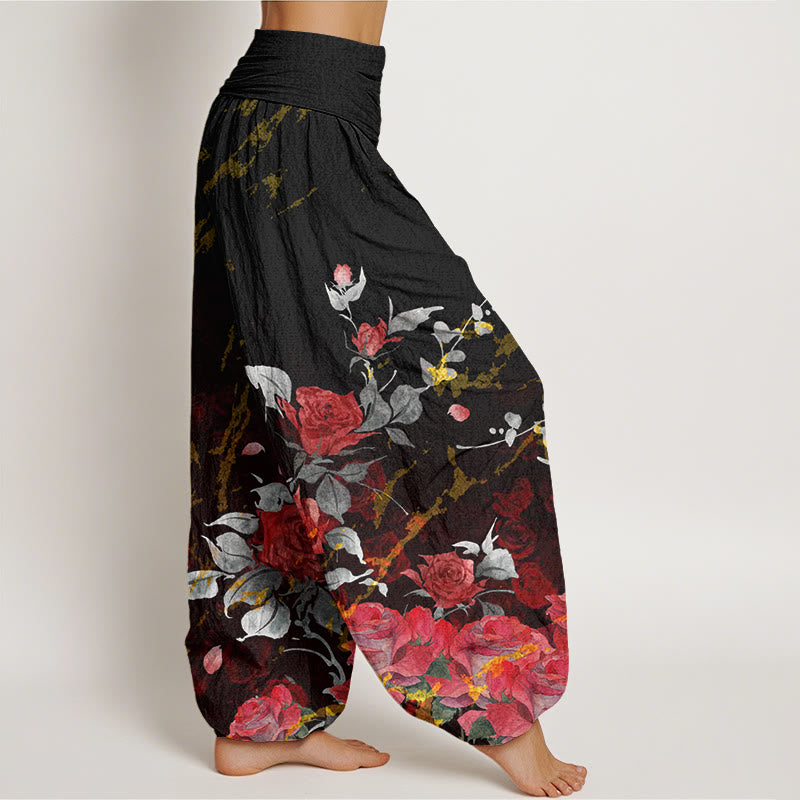 Pantaloni harem elastici in vita da donna con motivo Buddha Stones Blooming Roses - image 2
