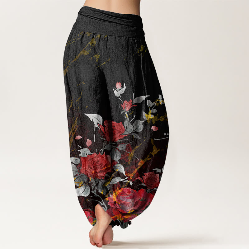 Pantaloni harem elastici in vita da donna con motivo Buddha Stones Blooming Roses - image 2