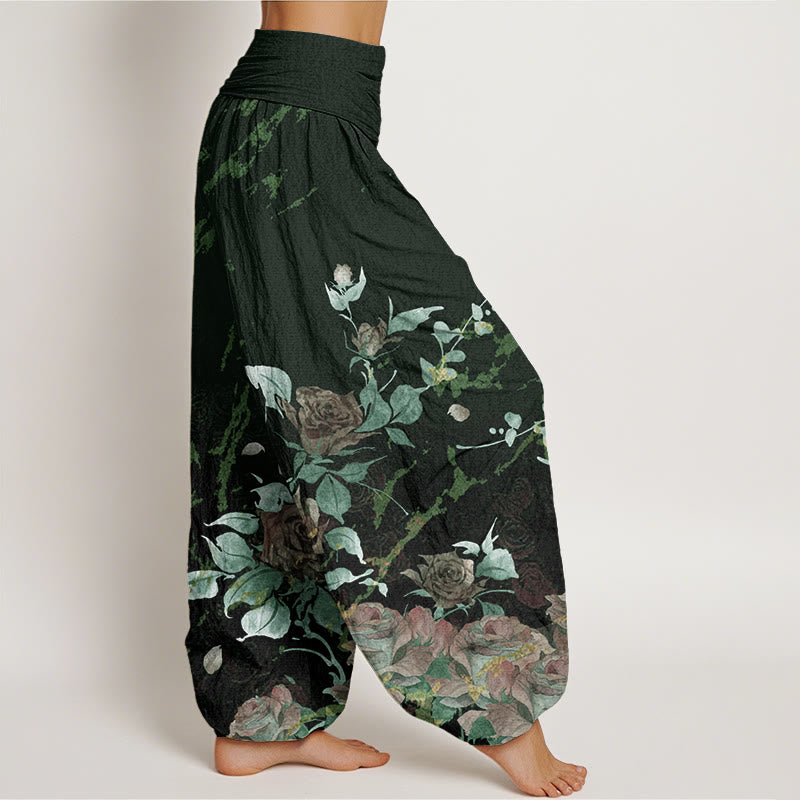 Pantaloni harem da donna con elastico in vita e motivo Buddha Stones in cotone con rose in fiore - image 8